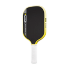 Pickleball paddle with black face, yellow rim, and white handle on a white background