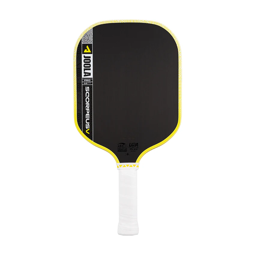 Pickleball paddle with black surface, yellow rim, and white handle on a white background