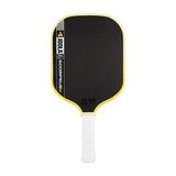 Pickleball paddle with black surface, yellow rim, and white handle on a white background