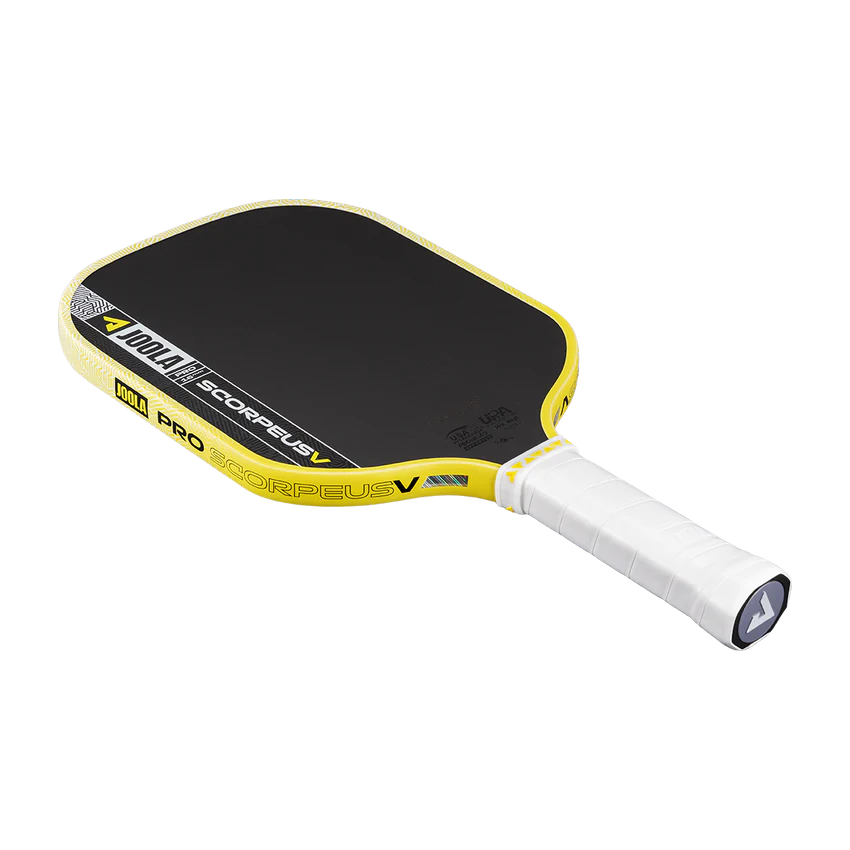 Yellow and black pickleball paddle on a white background