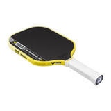 Yellow and black pickleball paddle on a white background