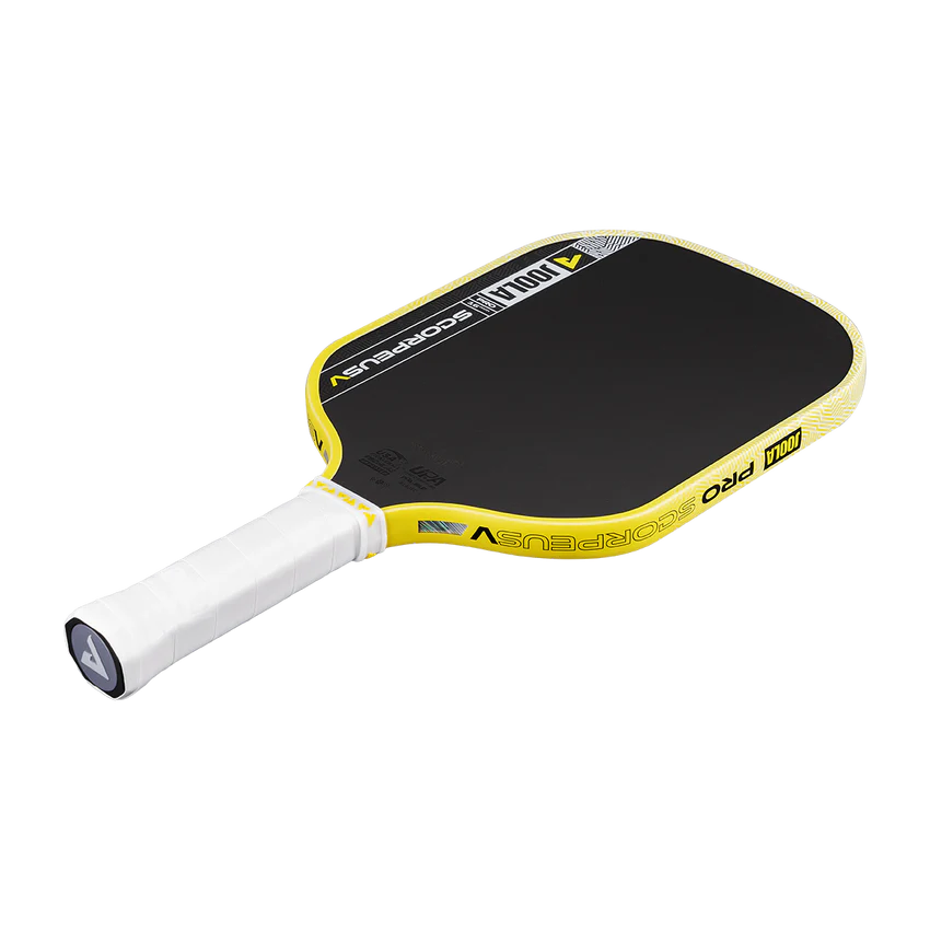 Yellow and black pickleball paddle on a white background