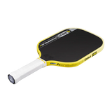 Yellow and black pickleball paddle on a white background