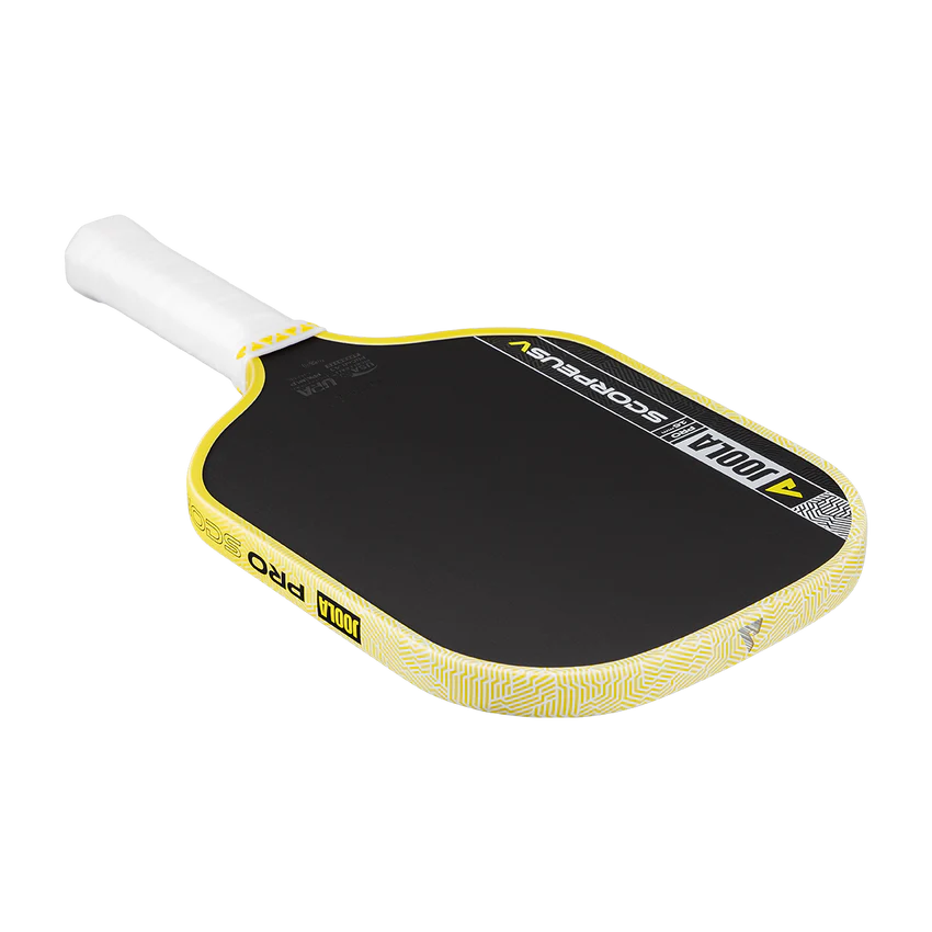 Black and yellow pickleball paddle with white handle on a black background