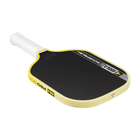 Black and yellow pickleball paddle with white handle on a black background