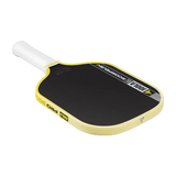 Black and yellow pickleball paddle with white handle on a black background