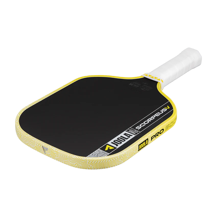 Pickleball paddle with black surface and yellow edges on a white handle against a black background