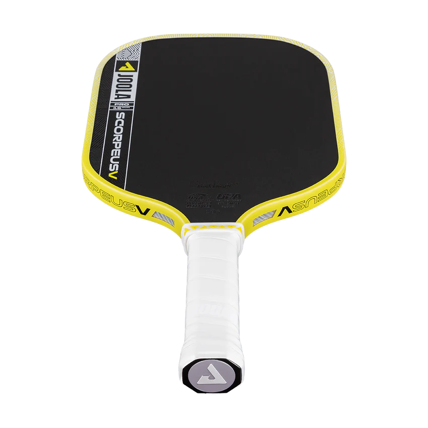 Yellow and black pickleball paddle with white handle on a white background