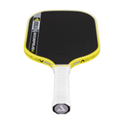 Yellow and black pickleball paddle with white handle on a white background