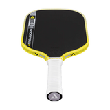 Yellow and black pickleball paddle with white handle on a white background