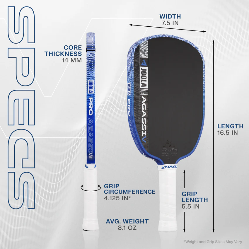 Pickleball paddle with specifications labeled on a white background