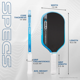 Measurement chart of a pickleball paddle with specifications on a white background