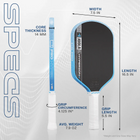 Pickleball paddle with specifications labeled on a white background