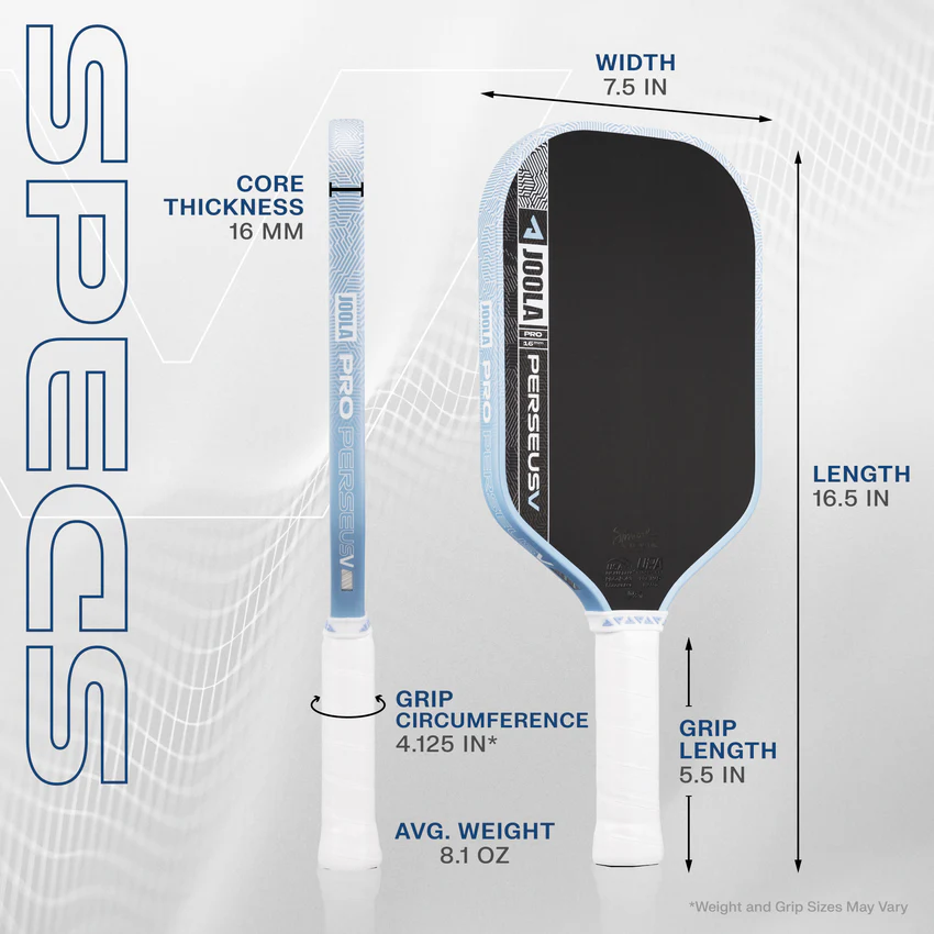 Pickleball paddle with specifications labeled on a white background