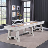 A Playcraft 16' Yukon Pro-Style Shuffleboard Table in Northern Drift sits on a rug.