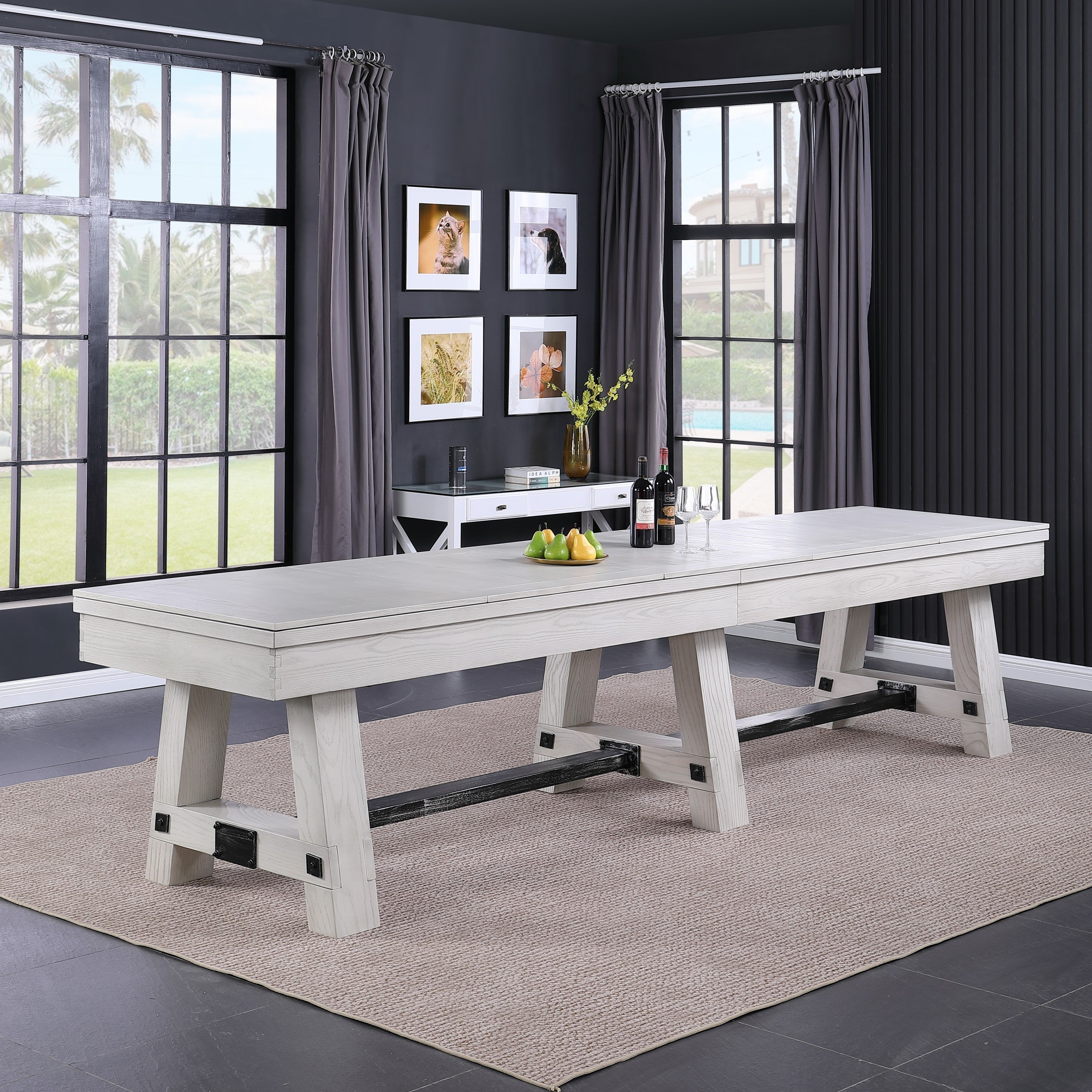 Playcraft 16' Yukon Pro-Style Shuffleboard Table in Northern Drift in a modern, airy room.