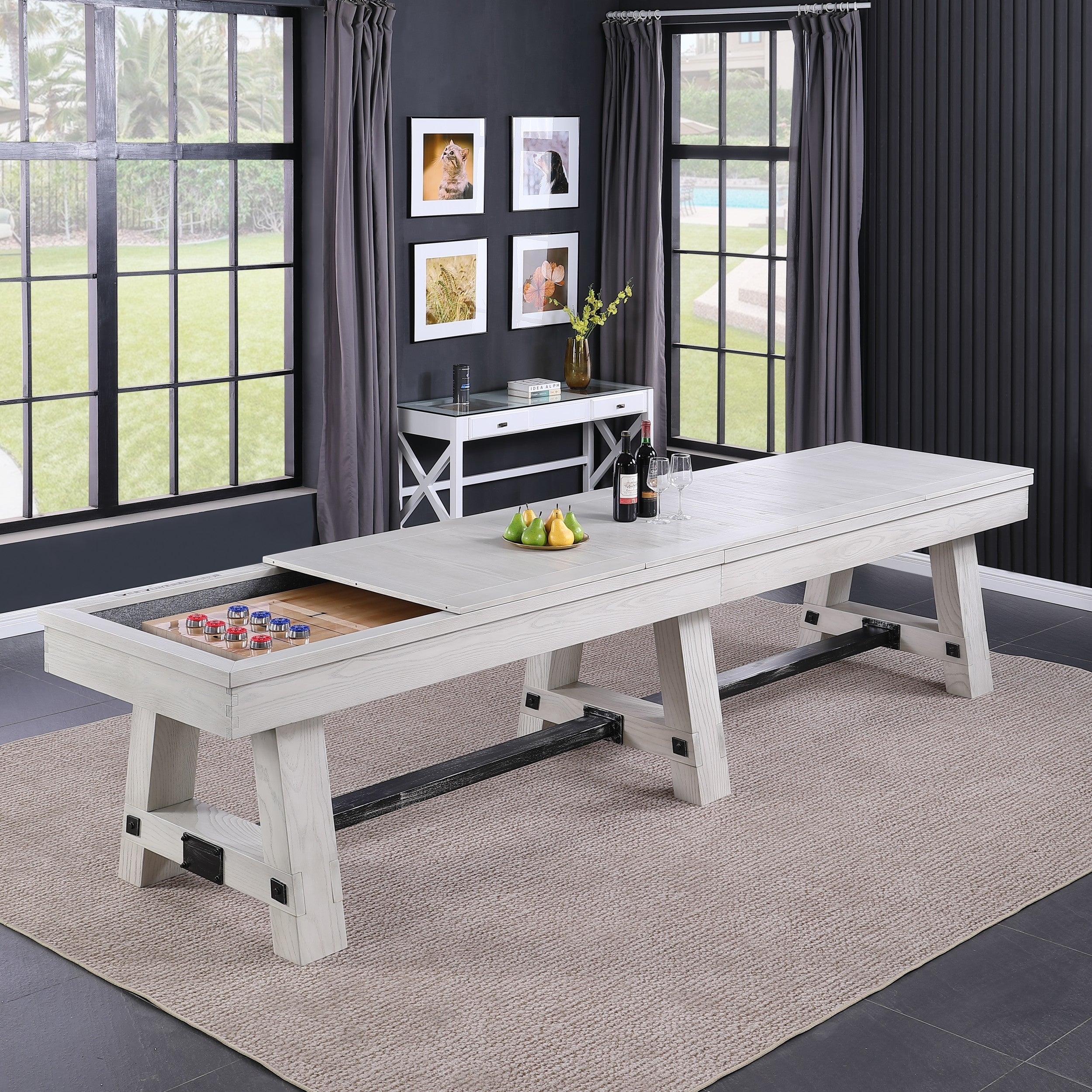 Playcraft 16' Yukon Pro-Style Shuffleboard Table in Northern Drift in a bright, modern room.