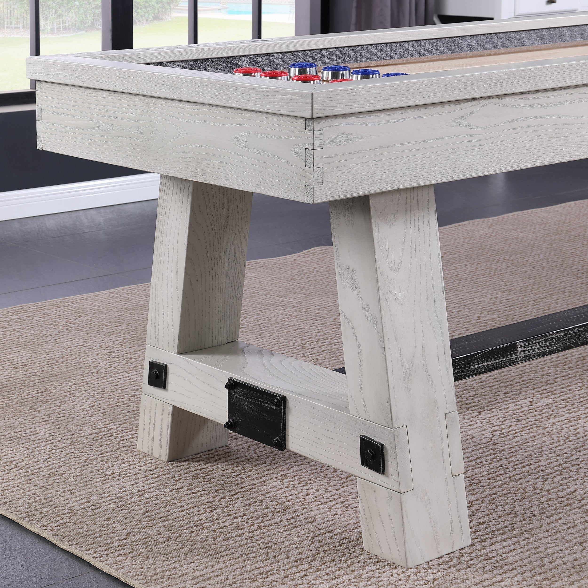 Playcraft 16' Yukon Pro-Style Shuffleboard Table, Northern Drift, with chips and polymer surface.