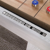 Close-up of Playcraft 16' Yukon Pro-Style Shuffleboard Table scoring sliders on white surface.