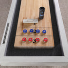 Top view of Playcraft 16' Yukon Shuffleboard Table in Northern Drift with pucks and scoreboard.
