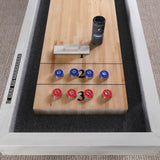Top view of Playcraft 16' Yukon Shuffleboard Table in Northern Drift with pucks and scoreboard.
