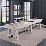 Modern game room with a Playcraft 16' Yukon Shuffleboard Table in Northern Drift and wall art.