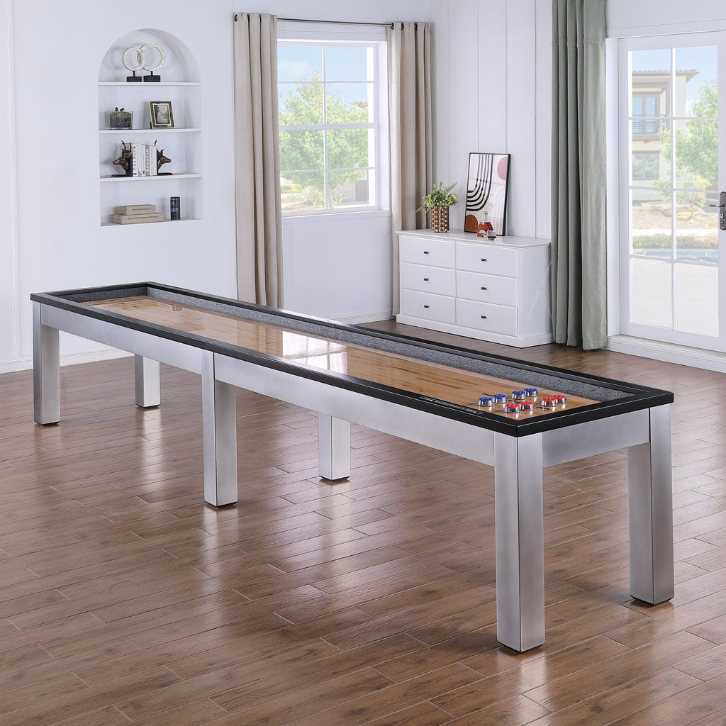 Playcraft Monaco 12' Pro-Style Shuffleboard Table stands out in bright rooms with wood floors.