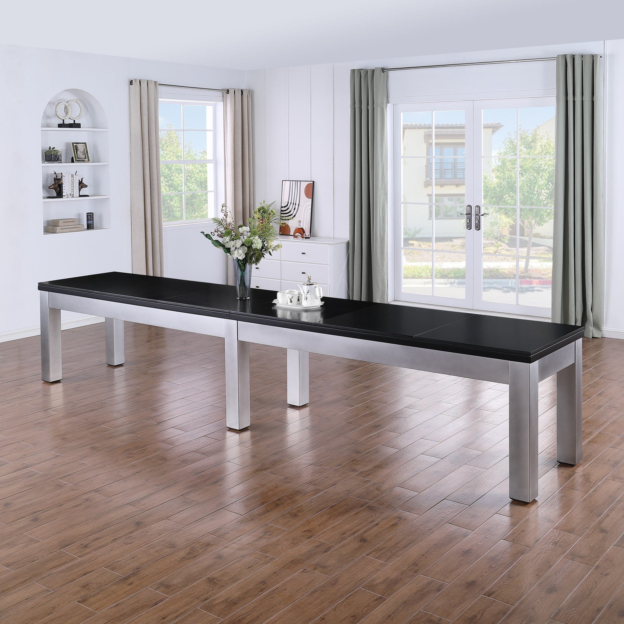 Playcraft Monaco 12' Shuffleboard Table with metal legs in a bright room with wood floors.