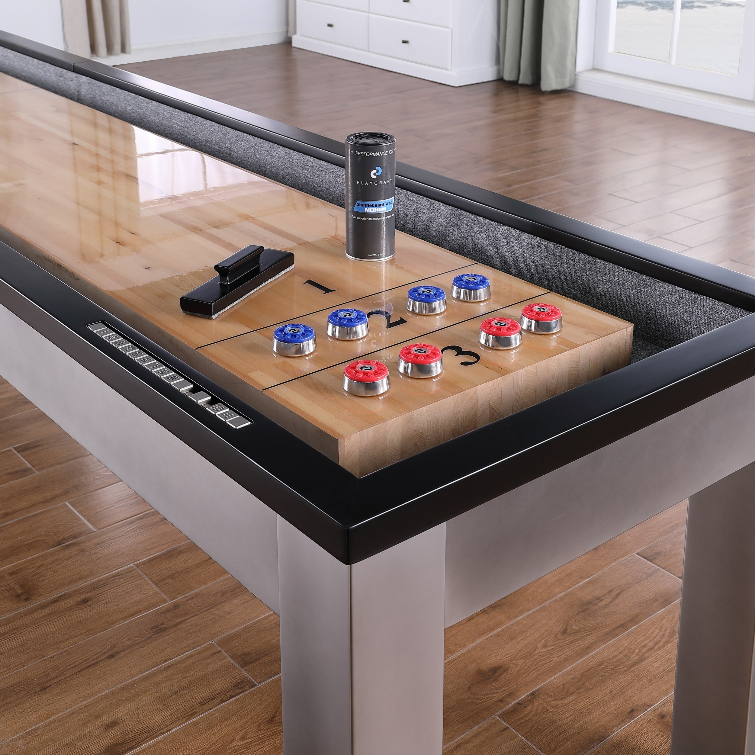 Playcraft Monaco 12' Shuffleboard Table with pucks, powder, and scoreboard—game room ready.