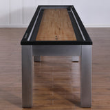 Playcraft Monaco 12' Pro-Style Shuffleboard Table with wood surface, metal legs on wood floor.