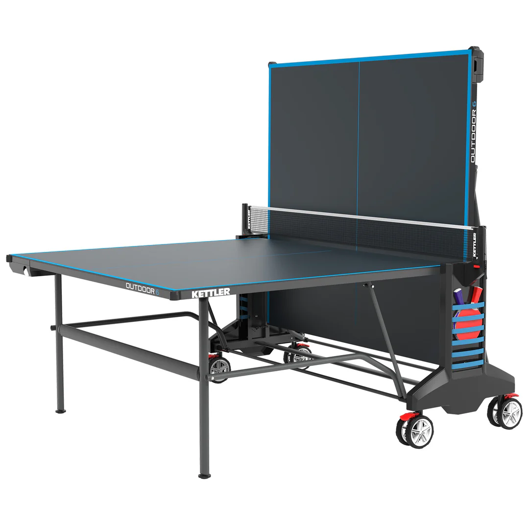 Kettler Outdoor 6 Tennis Table 4-Player Bundle with solo play, wheels, and paddle storage.