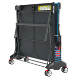 Folded Kettler Outdoor 6 Tennis Table 4-Player Bundle with wheels, racket & ball holders.