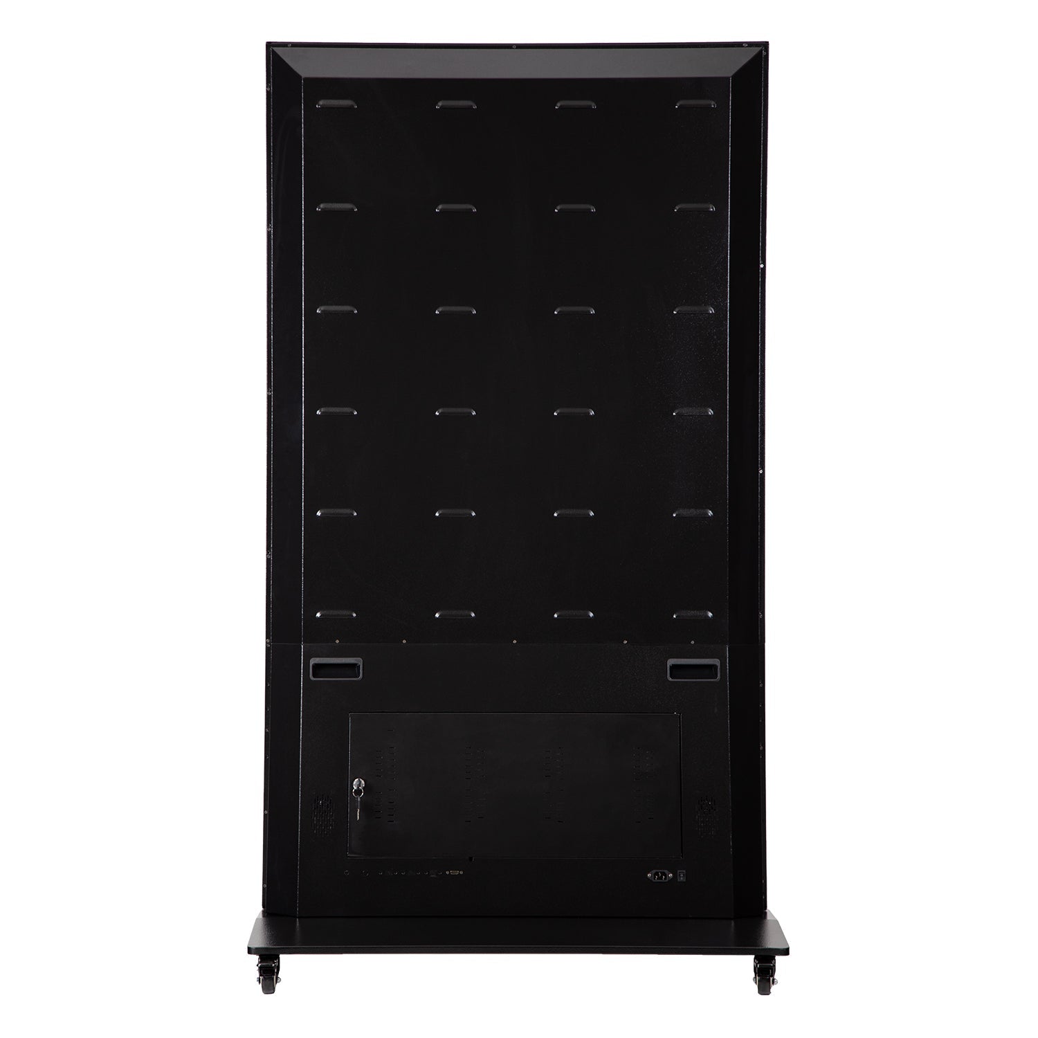 LEDScopic 75" 4K black digital kiosk on wheels, vertical, shown from the back.