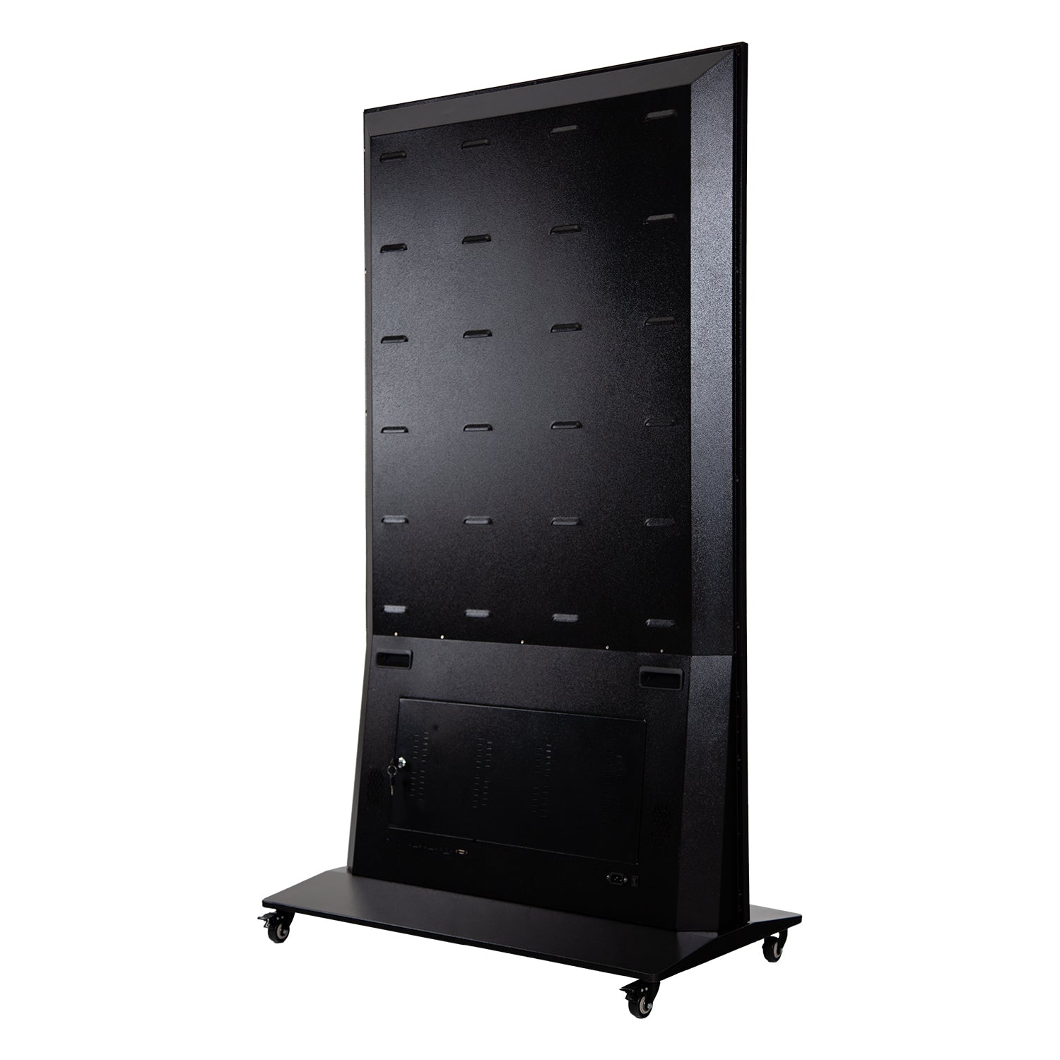 LEDScopic 75" 4K Digital Kiosk with lockable rear, wheels, USB player—shown from rear.