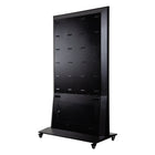 LEDScopic 75" 4K Digital Kiosk with lockable rear, wheels, USB player—shown from rear.