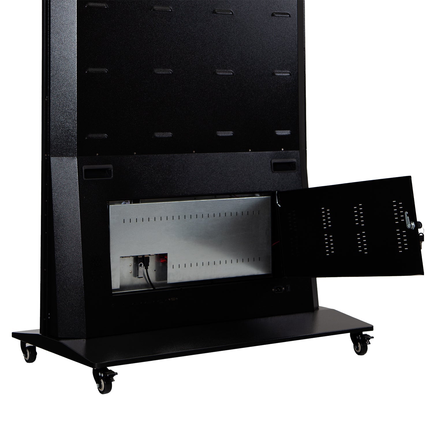LEDScopic 75" 4K vertical kiosk on wheels with open rear panel showing components.