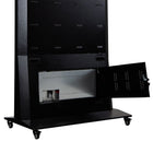 LEDScopic 75" 4K vertical kiosk on wheels with open rear panel showing components.