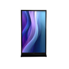 A LEDScopic 75" 4K vertical screen shows a blue and purple abstract background.