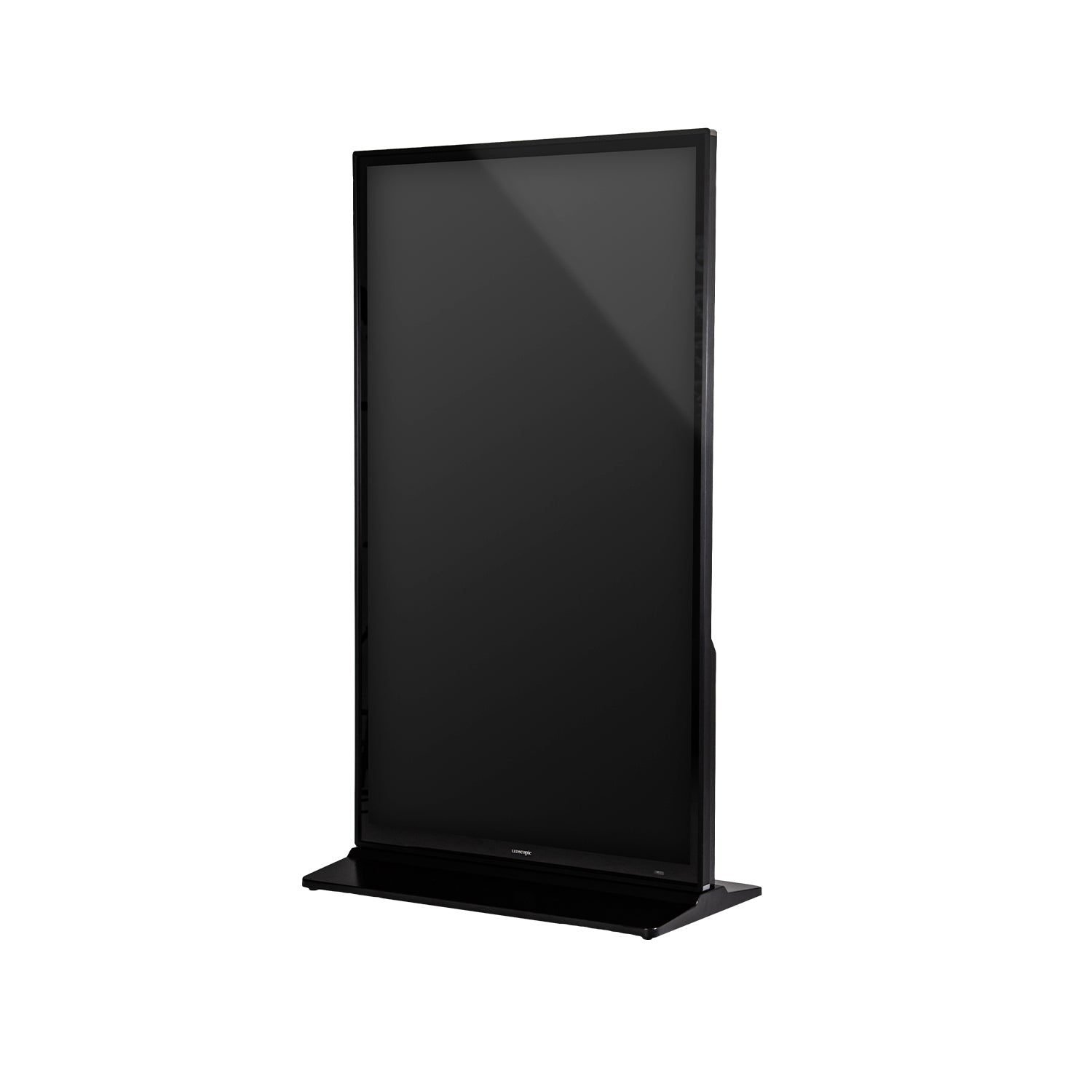 LEDScopic 75" 4K Vertical Digital Kiosk with wide base and black LED screen on white background.