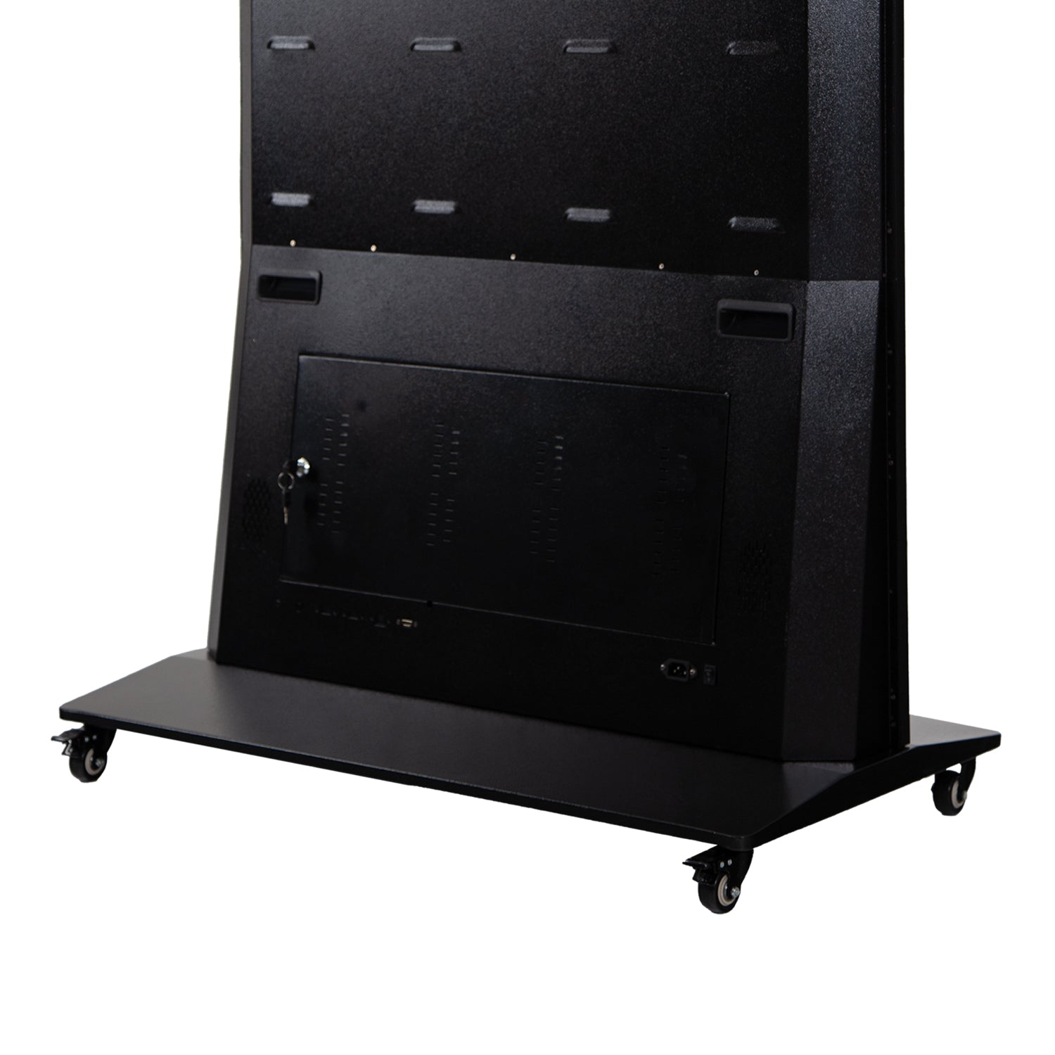 The LEDScopic 75" 4K kiosk has a lockable back panel and four caster wheels.