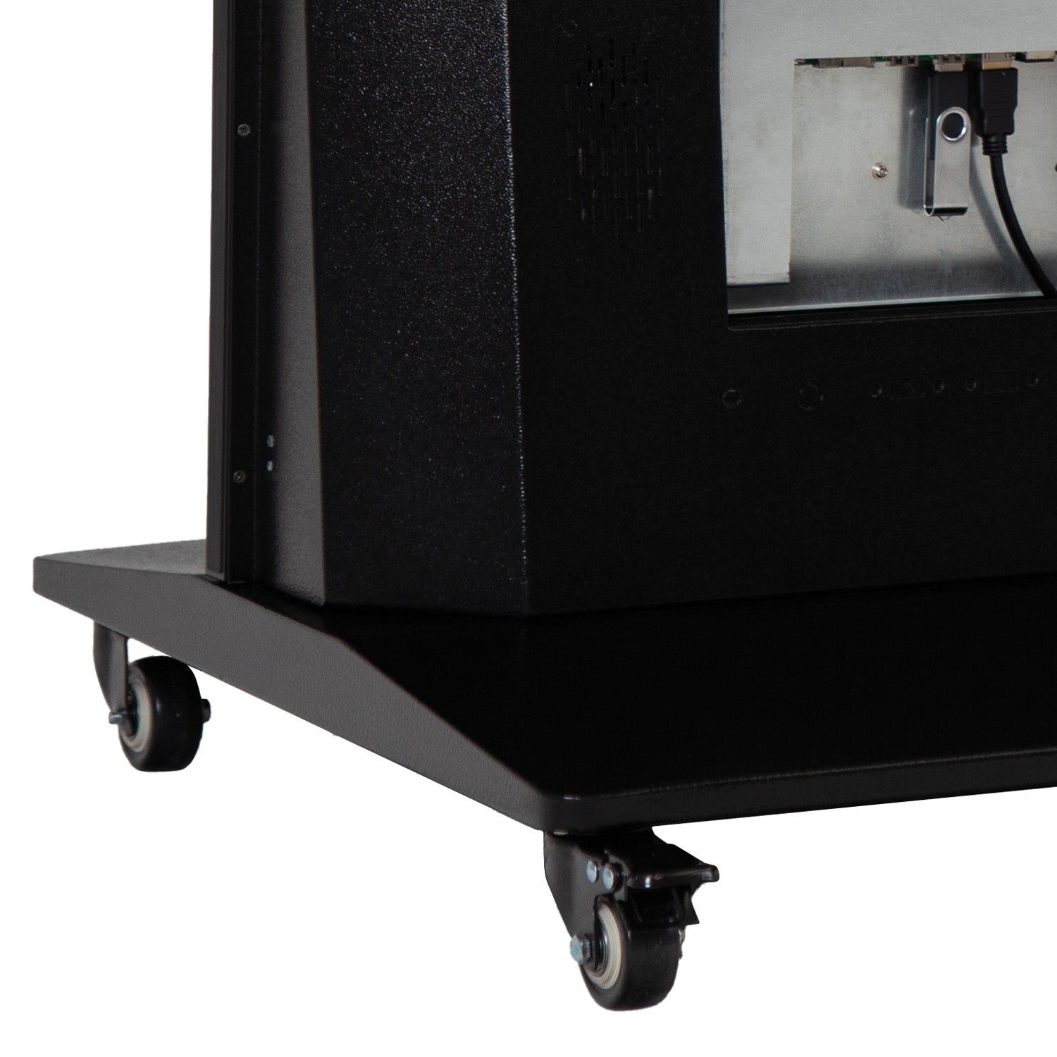 Close-up of a LEDScopic 75" 4K Vertical Digital USB Player Kiosk on a black metal cart with wheels.