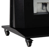 Close-up of a LEDScopic 75" 4K Vertical Digital USB Player Kiosk on a black metal cart with wheels.