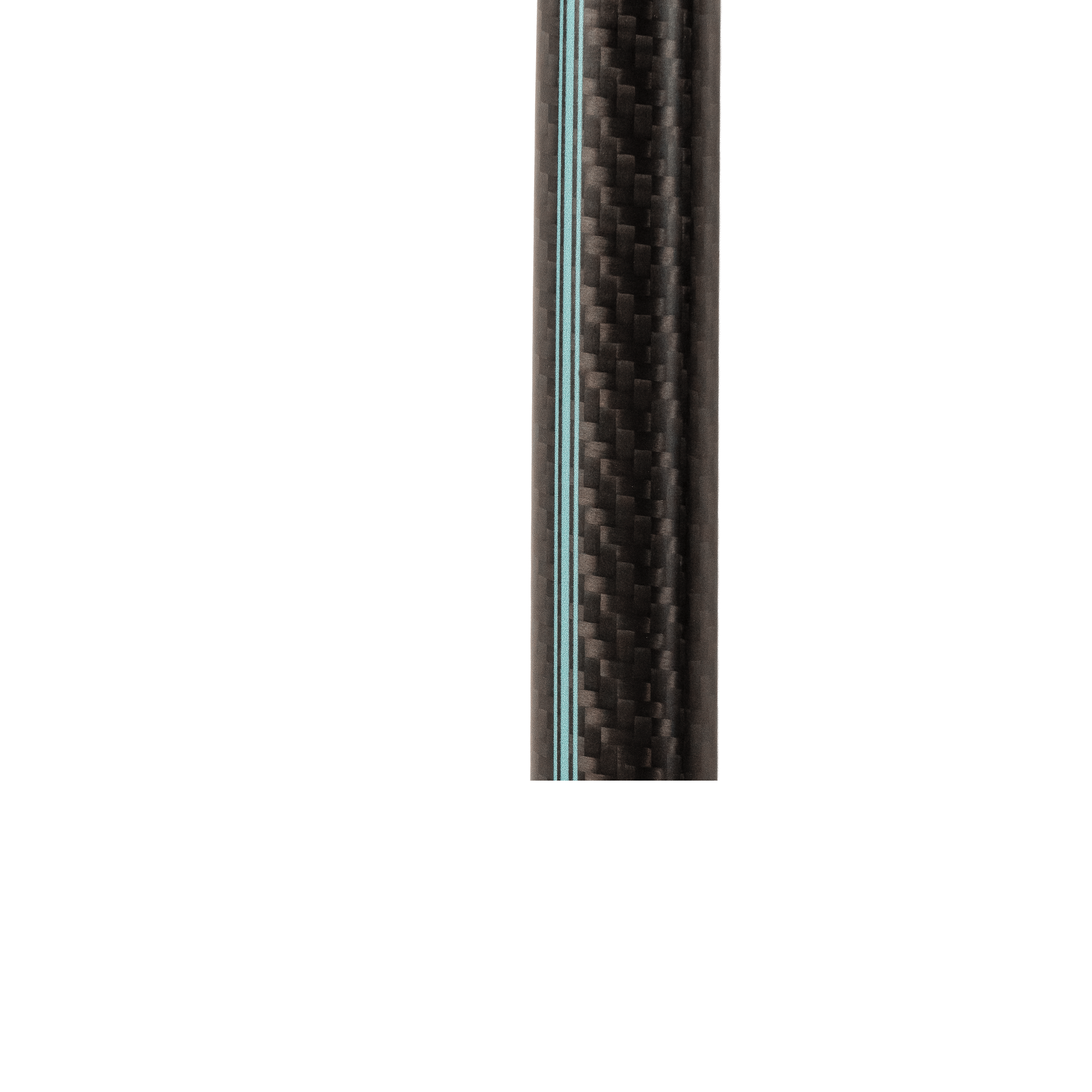 A close-up of a carbon fiber tube with a black and dark gray woven pattern and a thin light blue stripe running down the center, set against a solid white background.