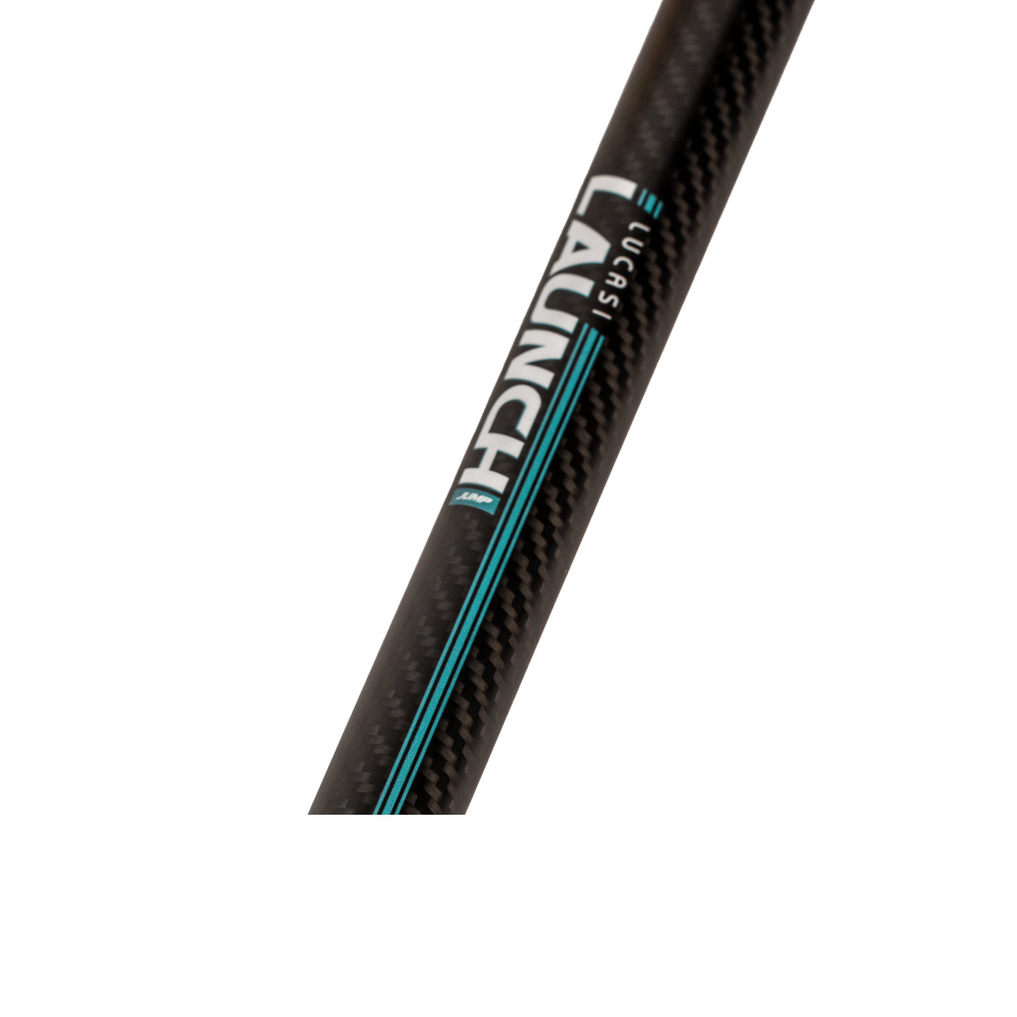 Close-up of a carbon fiber rod or shaft with a visible carbon weave pattern, featuring white and black LAUNCH branding with teal accent stripes on a plain white background.