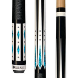 Close-up of Lucasi Hybrid® LHC98 Pool Cue featuring low deflection shaft and geometric inlays.