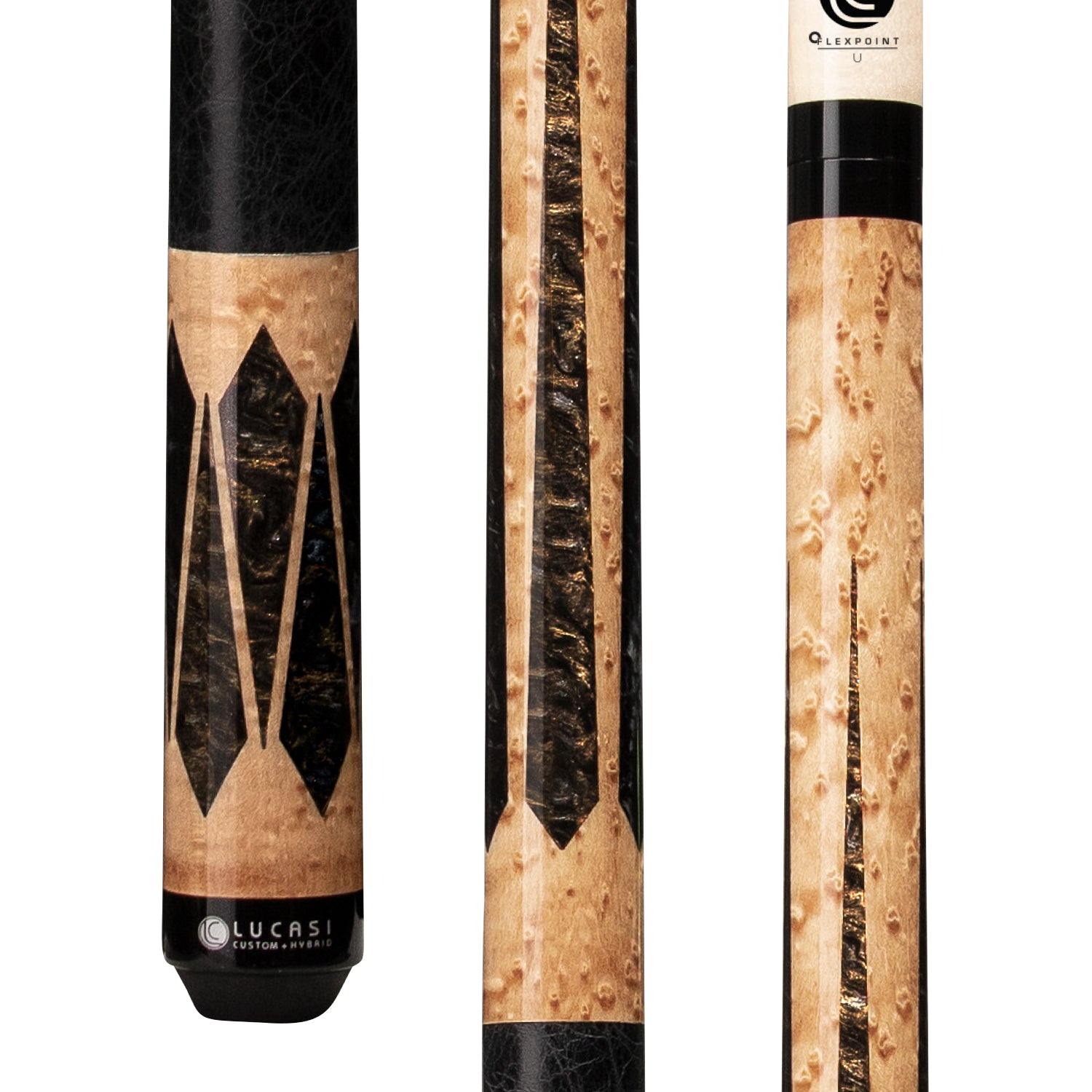 Close-up of a Lucasi Hybrid® LHLE8 Pool Cue with black inlay, wood grain, and low-deflection shaft.