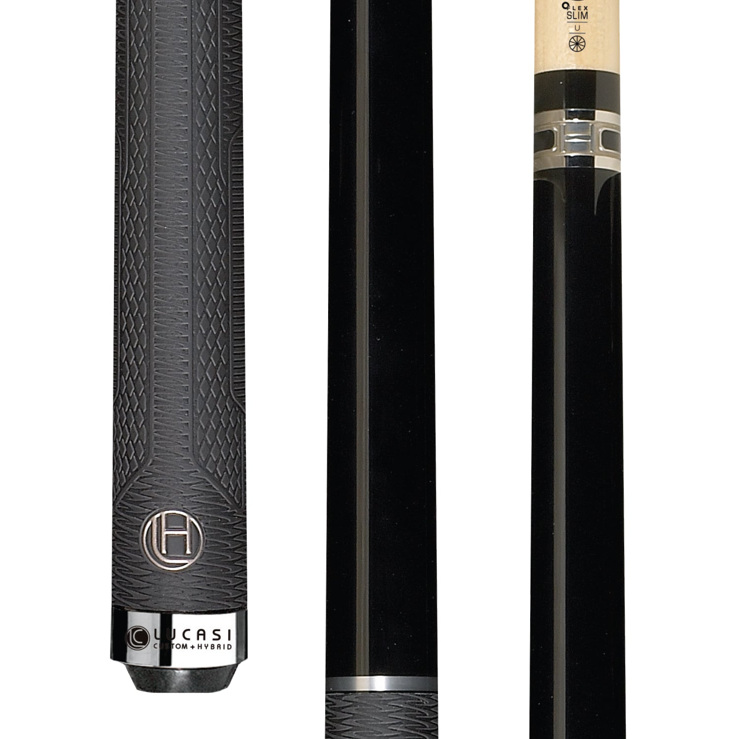 Three close-ups of the Lucasi Hybrid® LHT88 Pool Cue featuring a low deflection shaft and grip.