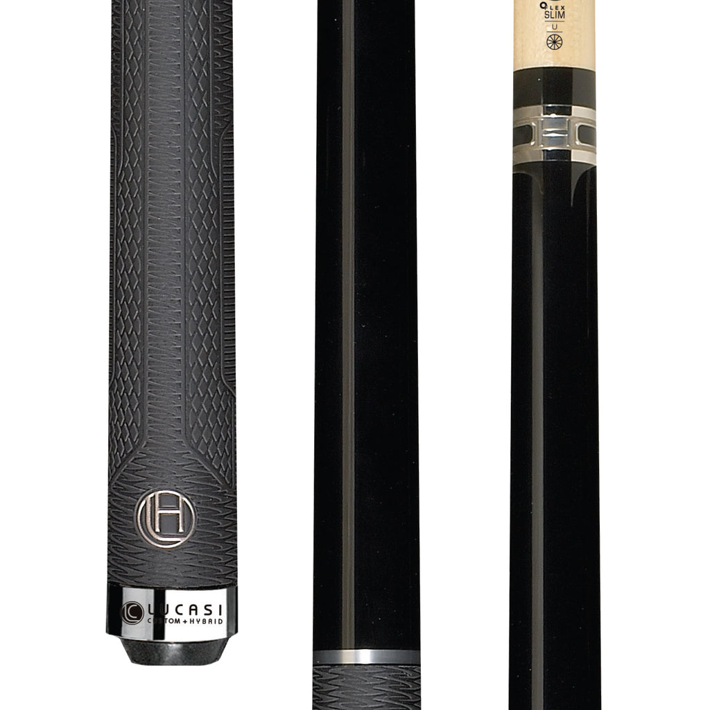 Three close-ups of the Lucasi Hybrid® LHT88 Pool Cue featuring a low deflection shaft and grip.