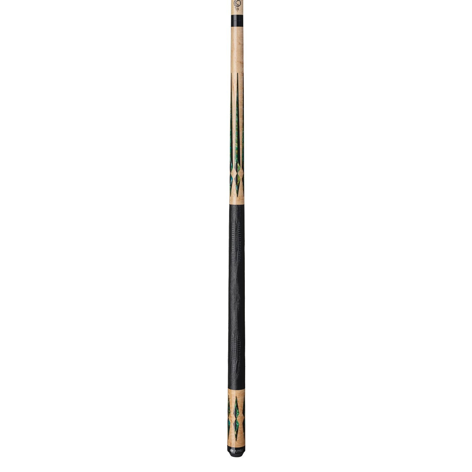 Lucasi Lux® LUX46 Pool Cue with Uni-loc joint and green diamond accents.