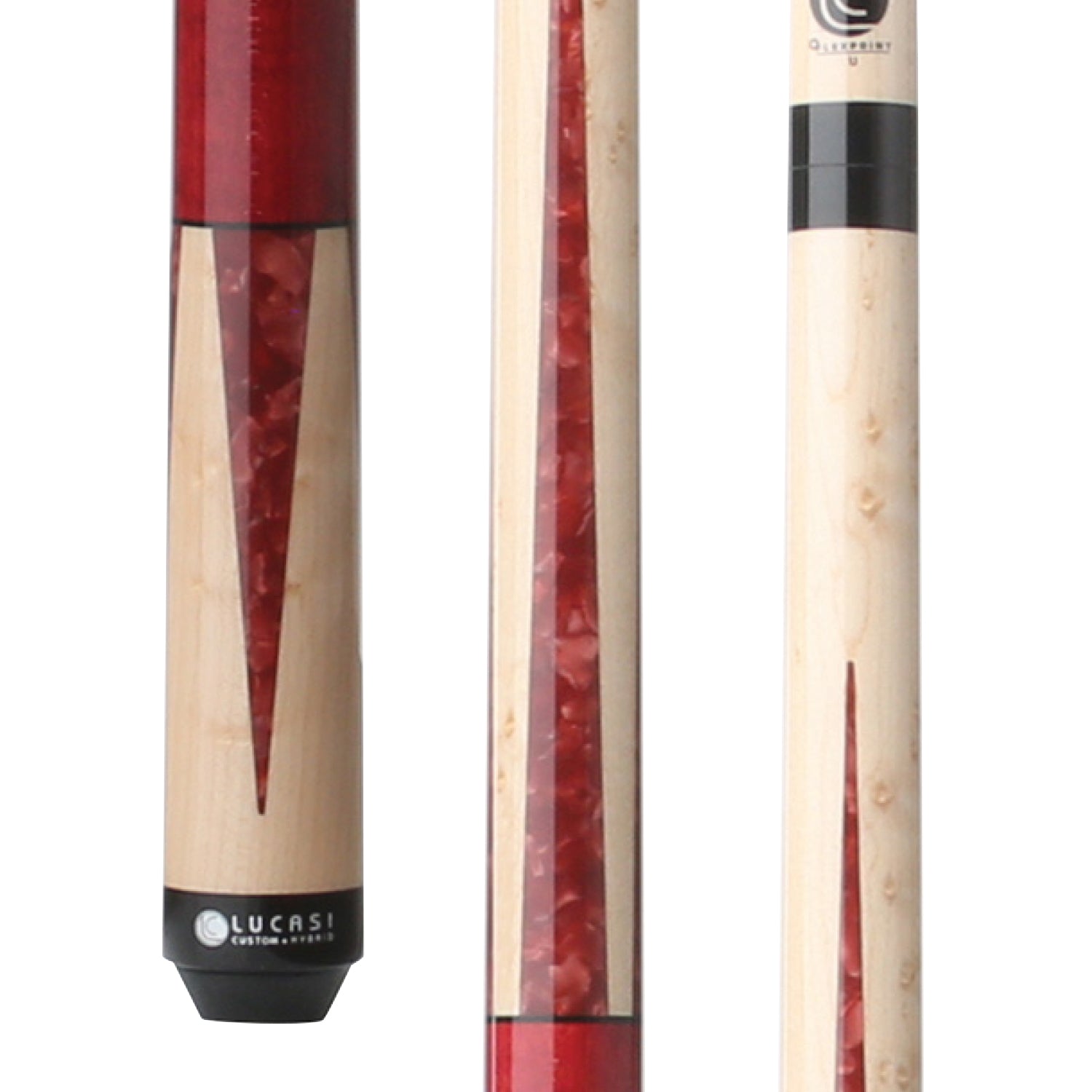 Three close-ups of the Lucasi Lux® LUX47 Pool Cue with red accents and a Birdseye Maple handle.